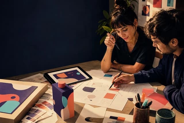 Equipo creativo dibujando una propuesta con bocetos, muestras de color y un prototipo.