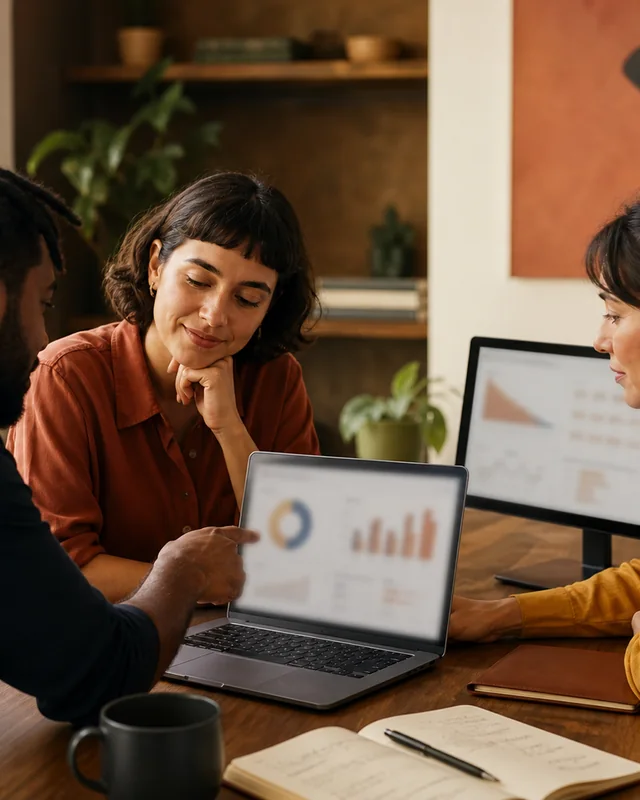 Personas colaborando frente a datos y automatizaciones.